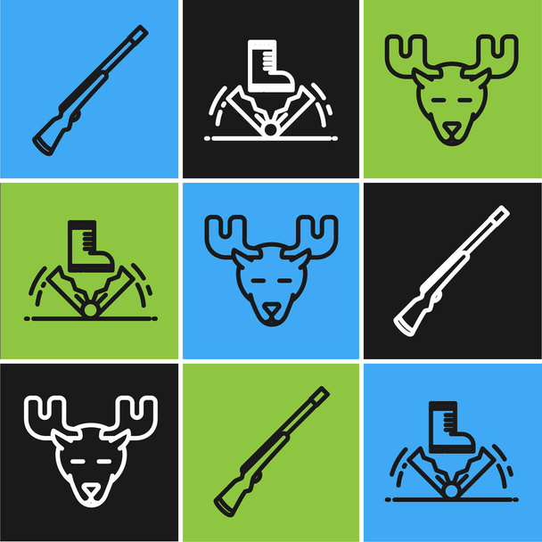 Set line Pistolet de chasse, tête d'orignal avec cornes et icône de chasse au piège. Vecteur
 - Vecteur, image