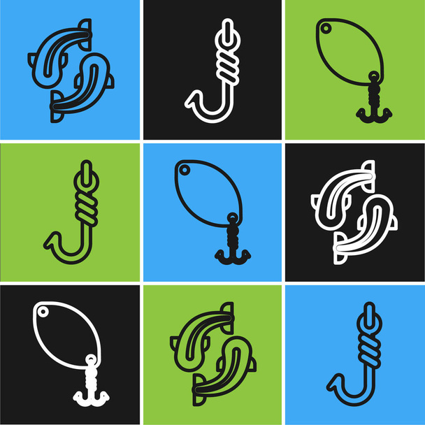 Set line Fish, Fishing spoon and Fishing hook icon. Вектор
 - Вектор,изображение
