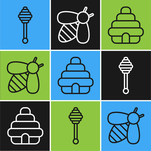 Set line Honey dipper stick, Hive for bees and Bee icon. Vector - Vector, Image