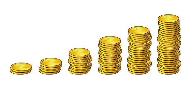 Goldene Münzsäulen wie Einkommensdiagramme. Geld stapeln. Konzept der - Vektor, Bild