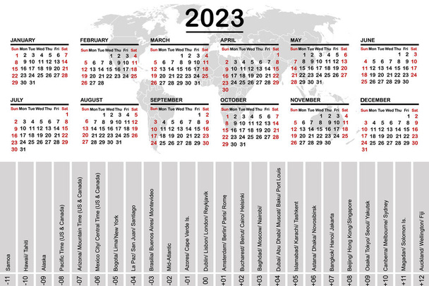 2023 kalendarz ze światową mapą i strefami czasowymi - Wektor, obraz