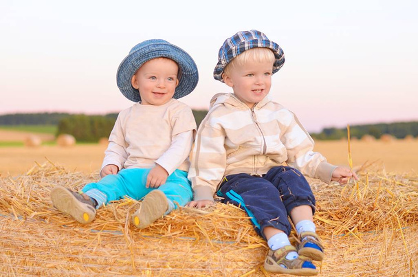 Two happy brothers sitting on a bale of straw - Photo, Image