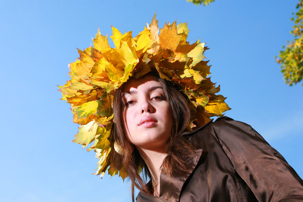 Jeune femme en couronne de feuilles d'automne dorées
 - Photo, image