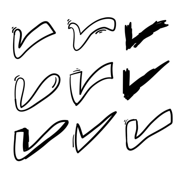 hand getekend vinkje pictogram ingesteld in cartoon doodle stijl - Vector, afbeelding