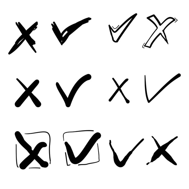 hand drawn check mark icon set in cartoon doodle style - Vector, Image
