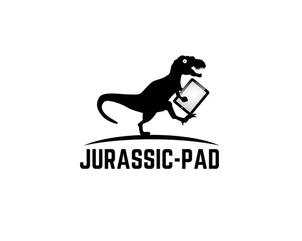 tiranosaurio rex corriendo persiguiendo algo y sosteniendo tableta
 - Vector, Imagen
