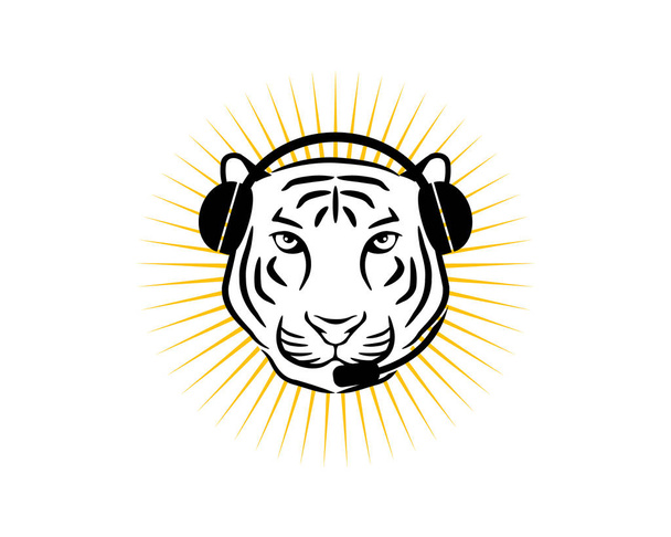 тигр голова з навушниками на вухах і мікрофон в роті сонячні промені позаду нього як оператор обслуговування клієнтів
 - Вектор, зображення