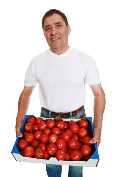 Man with box of fresh tomatoes - Φωτογραφία, εικόνα