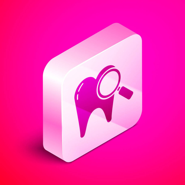 Isometric Dental search icon isolated on pink background. Tooth symbol for dentistry clinic or dentist medical center. Silver square button. Vector Illustration - Вектор, зображення
