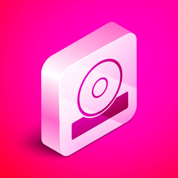 Isometric Otolaryngological head reflector icon isolated on pink background. Equipment for inspection the patients ear, throat and nose. Silver square button. Vector Illustration - Vektor, kép