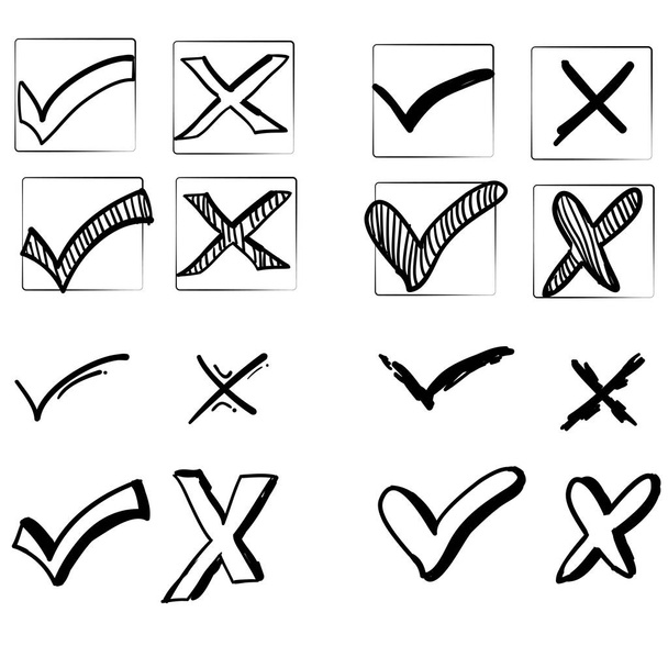 set of check mark sign and x doodle handdrawn vector - Vector, Image