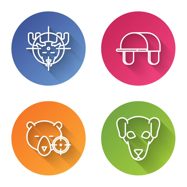 Set line Hunt on moose with crosshairs, Hunter hat, Hunt on bear with crosshairs and Hunting dog. Color circle button. Vector - Вектор,изображение
