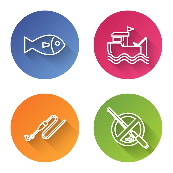 Set line Fish, Fishing boat with fishing rod on water, Fishing line with hook and float and No fishing. Color circle button. Vector - Διάνυσμα, εικόνα