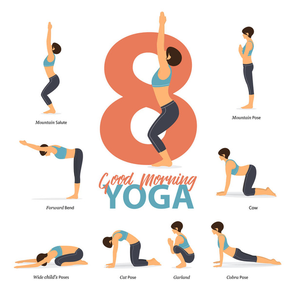 Infográfico de 8 poses de Yoga para depois acordar em design plano. Mulher de beleza está fazendo exercício para alongamento do corpo de manhã. Conjunto de sequência de ioga Infográfico. Vetor
. - Vetor, Imagem
