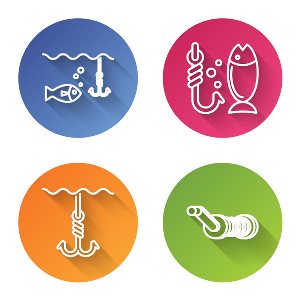 Set line Fishing hook under water with fish, Fishing, Fishing hook under water and Spinning reel for fishing. Color circle button. Vector - Vecteur, image