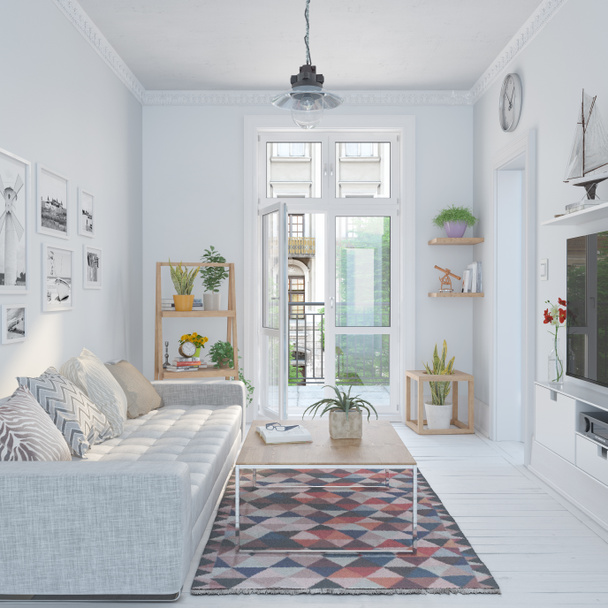 3D-Darstellung eines skandinavischen, nordischen Wohnzimmers - Foto, Bild