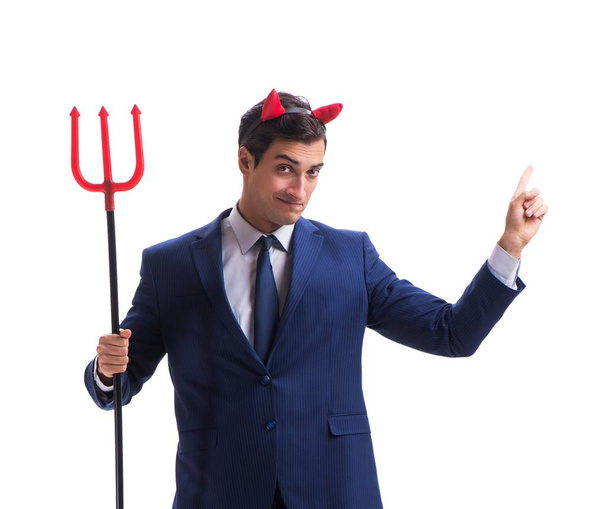 Diabo diabólico homem de negócios com forquilha isolada em backgrou branco - Foto, Imagem