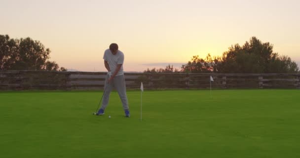 Golfspel. Golfer zet golfbal in het gat verheugt zich. - Video