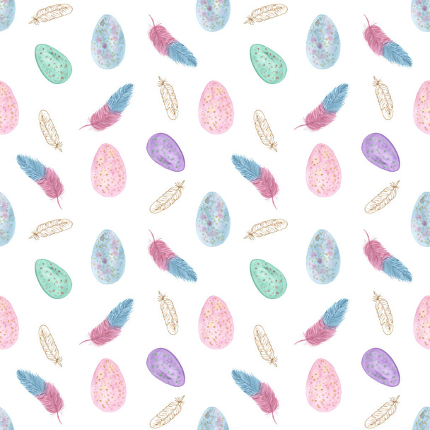 Seamless pattern of watercolor hand-drawn Easter eggs, multicolored feathers and gold elements isolated on a white background.  For textiles, Wallpaper, invitations, greetings, Easter. - Zdjęcie, obraz