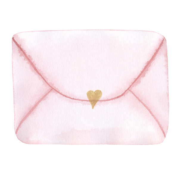 A simple watercolor hand drawing of a pink envelope sealed with a gold heart, isolated on a white background. For Valentine's day, wedding decor, romance, greetings, greeting cards. - Foto, imagen
