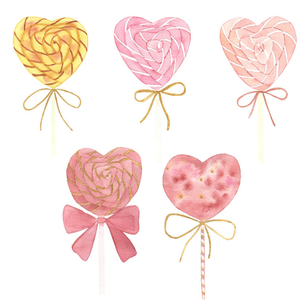 Aquarell-Set aus rosa und goldenen Lutscher-Herzen isoliert auf weißem Hintergrund. Handzeichnung für Valentinstag, Hochzeitsdekor, Romantik, Grußkarten, Grußkarten. - Foto, Bild