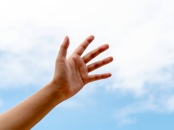 Young woman hand. Empty hand reach out or hold over blue sky. Help and hope hand concept. - Photo, Image