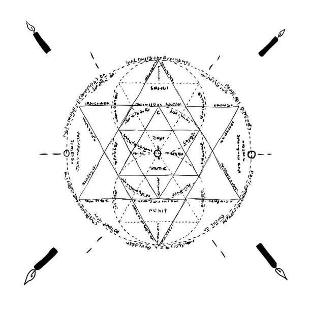 Dibujo a mano pentagrama oculto con inscripción latina rodeada de velas ilustración de arte
 - Vector, imagen