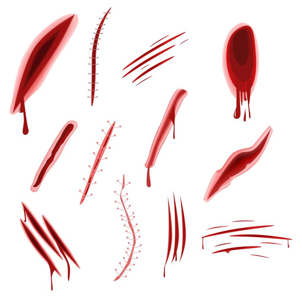 Grafická realistická rána set s krví stříkance izolované na bílém pozadí - Vektor, obrázek