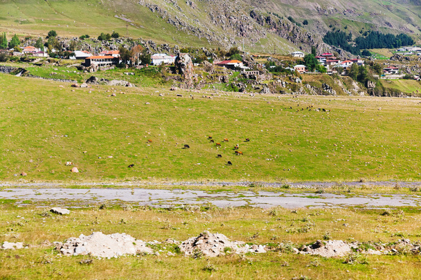 panorama com aldeia Stepantsminda na Geórgia
 - Foto, Imagem