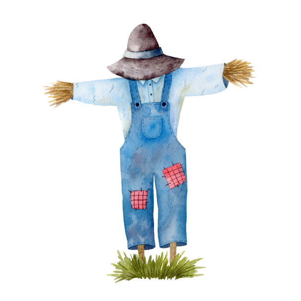 Watercolor illustration with garden scarecrow and green grass isolated on white background. Hand-drawn clipart. - Photo, Image