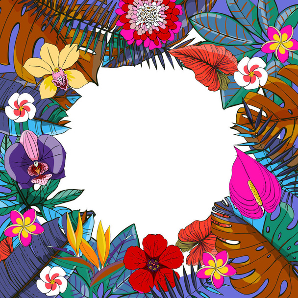 Tropical vector design with exotic palm leaves, hibiscus, orchids flowers - Vektori, kuva