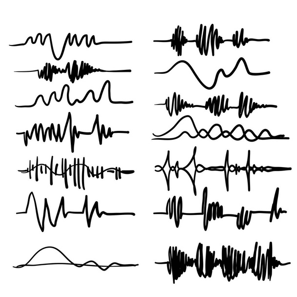 schwarze Schallwellen. Musik Audio-Frequenz, Sprachleitungswellenform, elektronisches Radiosignal, Lautstärkepegel Symbol handgezeichnet Doodle Cartoon-Stil - Vektor, Bild