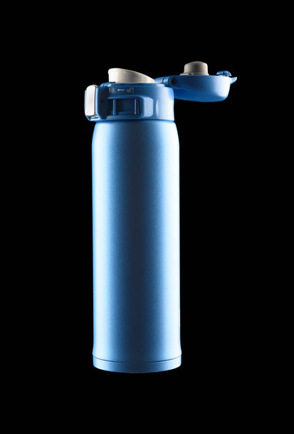 blue vacuum tumbler with the cap opened on black background including clipping path - Photo, Image