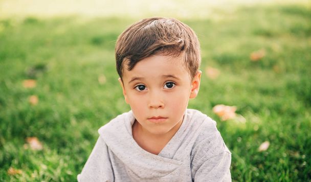 Outdoor close up portrait of adorable little boy in summer park - Фото, изображение