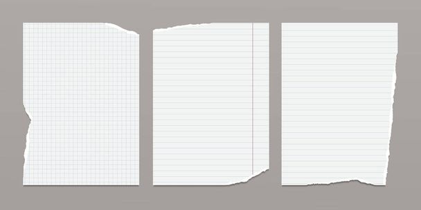 Set of torn white note, notebook paper sheets, pieces stuck on grey background. Vector illustration - ベクター画像