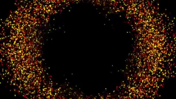 Kis részecskék piros és sárga színek forognak a fekete háttér alkotó kör. Animáció. Futurisztikus modern dinamikus háttér fényes részecskékkel. - Felvétel, videó