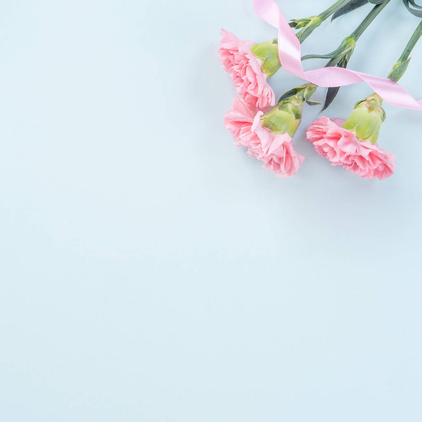 Beautiful, elegant pink carnation flower over bright light blue table background, concept of Mother's Day flower gift, top view, flat lay, overhead - Fotó, kép