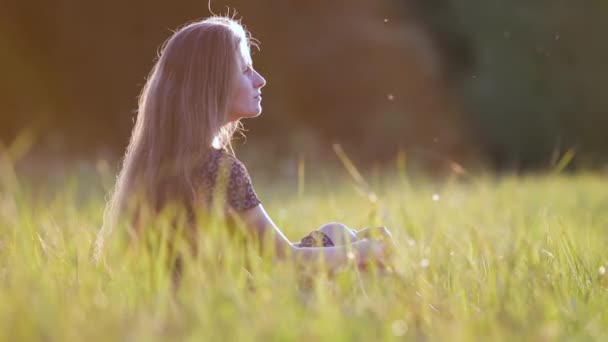 junge Frau mit langen Haaren sitzt draußen im sommerlichen Feldgras und genießt die Natur bei Sonnenuntergang. - Filmmaterial, Video