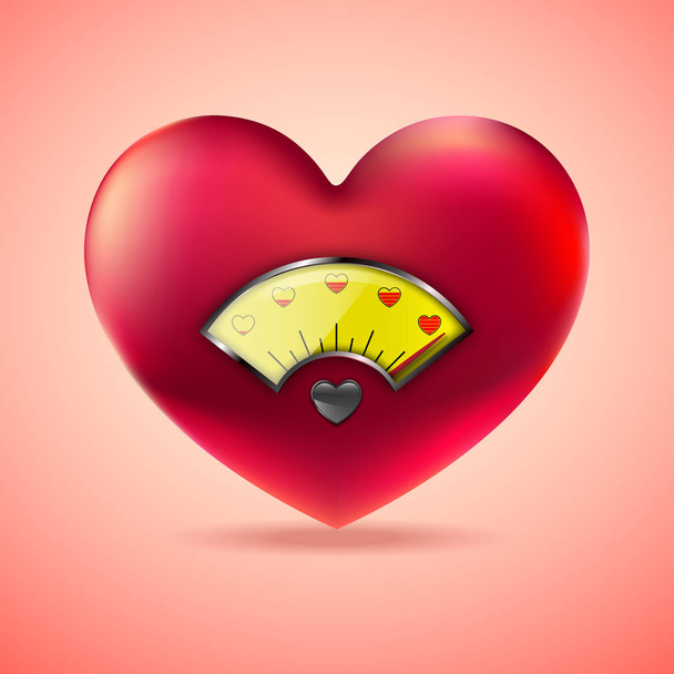 Piros szív üzemanyag-mérő, Szerelem szív indikátor, Mérése szerelem ikon, Vektor illusztráció  - Vektor, kép