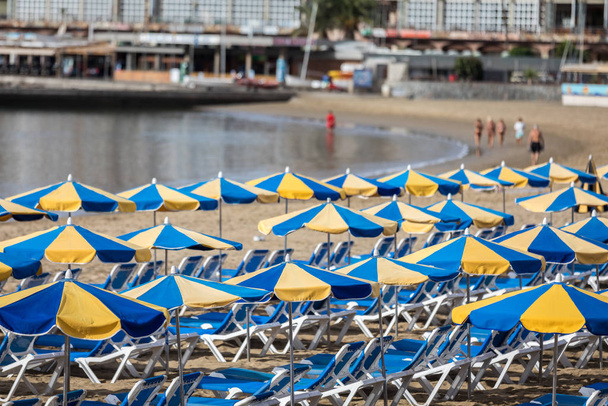 Rows of blue sunbeds with blue and yellow parasols at the beach Playa de Puerto Rico on the Canary Island - Photo, Image