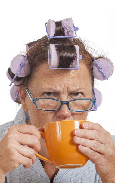 Grumpy Housewife Drinking Coffee - Zdjęcie, obraz