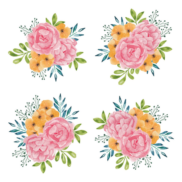 Συλλογή από όμορφη ακουαρέλα τριαντάφυλλο λουλούδι μπουκέτο - Διάνυσμα, εικόνα