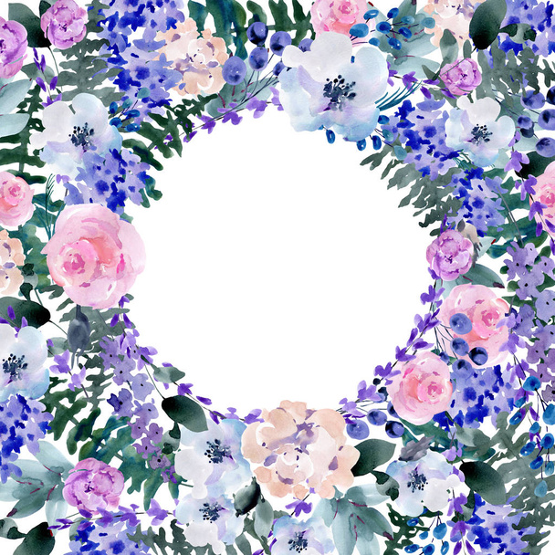 Summer Lilac Watercolor Floral Wreath, Wedding bouquet - Foto, afbeelding
