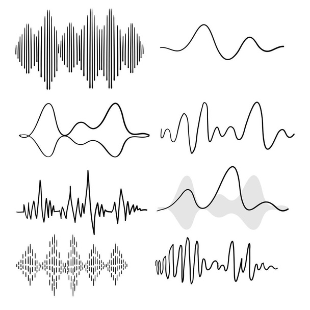 黒い波だ音楽オーディオ周波数、ボイスライン波形、電子ラジオ信号、音量レベルシンボル手書きドアベクトル - ベクター画像