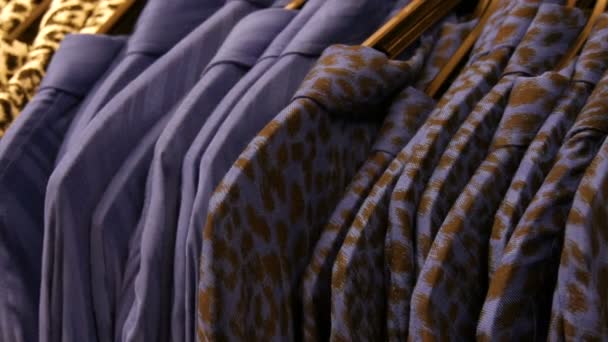 Ubrania z nadrukiem lamparta wiszące na wieszaku w damskim butiku - Materiał filmowy, wideo