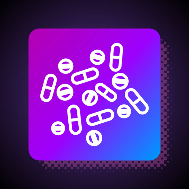 Fehér vonal Gyógyszer tabletta vagy tabletta ikon elszigetelt fekete alapon. Kapszula tabletta és gyógyszerjel. Gyógyszerészeti tervezés. Négyzet színű gomb. Vektorillusztráció - Vektor, kép