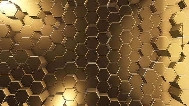 gouden honingraten, zeshoekige oppervlakte, abstracte 3D-achtergrond en t - Foto, afbeelding