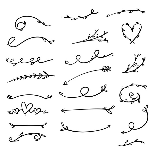 set of Flower ornament dividers. Hand drawn vines decoration, floral ornamental divider and sketch leaves ornaments. Ink flourish and arrow decorations with victorian doodles style isolated background - Vector, Image