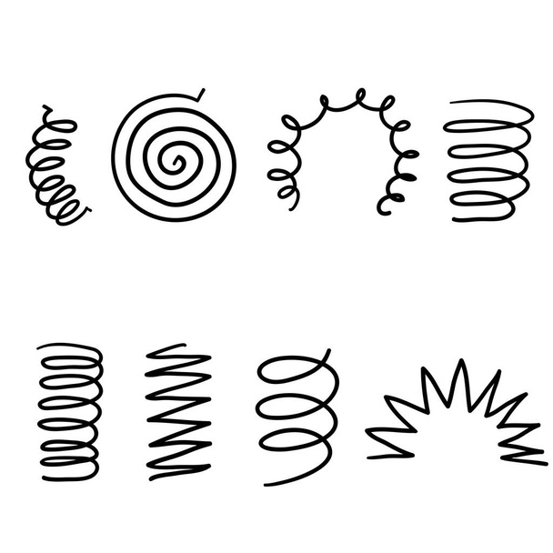 Spiral spring. Flexible coils, wire springs and metal coil spirals silhouette. Vape metallic flexible coils, flexibility steel motor spiral with hand drawn doodle style isolated - Vector, Image