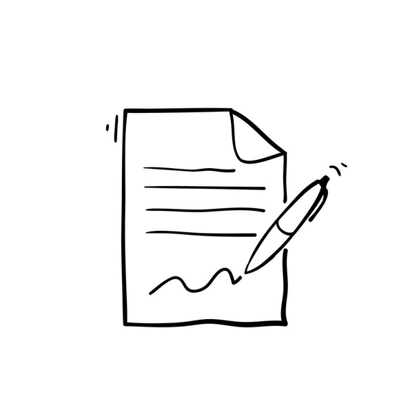 ручной чертеж делового финансового соглашения с ручкой и контрактом. Документ с изолированным вектором подписи
 - Вектор,изображение